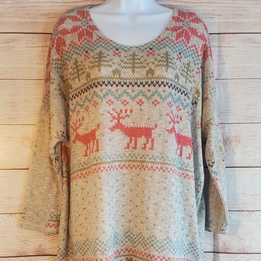 𝅺signature Studio Sparkly Winter Scene 3/4 Sleeve Womens Size X Large